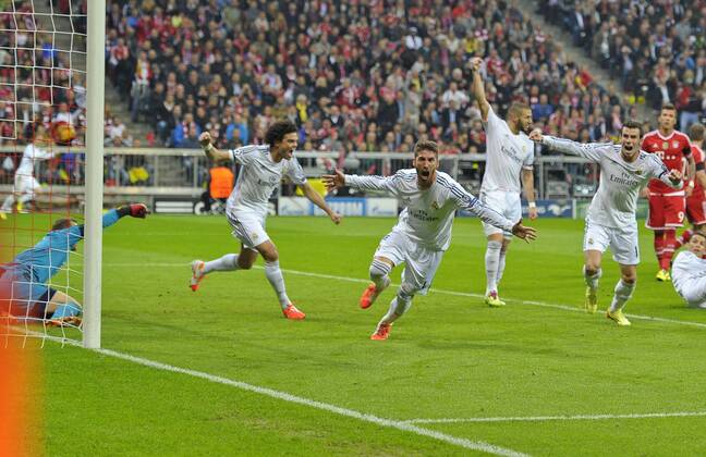 29.04.2014, Fussball Champions League 2013 2014, Halbfinale, Rückspiel, FC Bayern München - Real Madrid, in der Allianz-Arena München. Sergio Ramos (Real Madrid) jubelt 