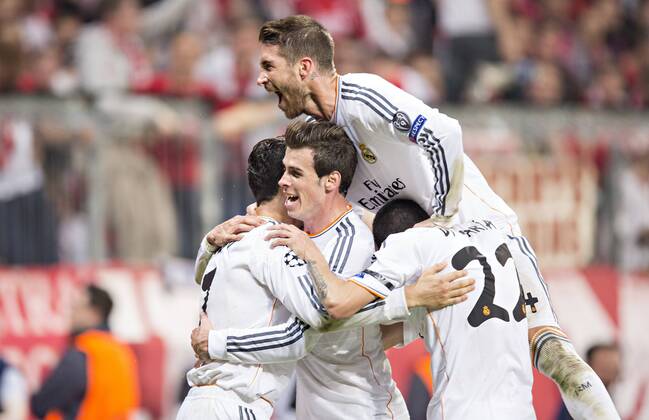 München, 29.04.2014, Allianz Arena Torjubel: Cristiano Ronaldo (Madrid), Gareth Bale (Madrid), Sergio Ramos (Madrid), Angel di Maria (Madrid) Bayern München - Real Madrid mm