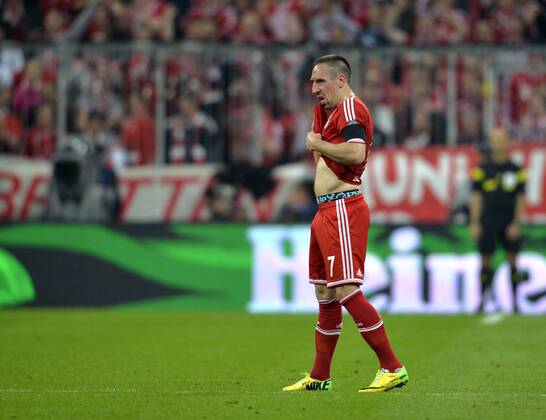 29.04.2014, Fussball Champions League 2013 2014, Halbfinale, Rückspiel, FC Bayern München - Real Madrid, in der Allianz-Arena München. Frust nach dem 3. Gegentor, Franck Ribery (München). 