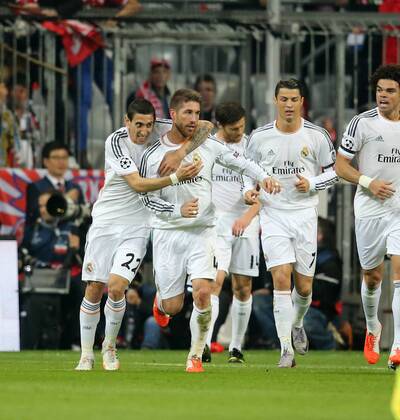 München, Fussball Männer, UEFA Champions League, Saison 2013 2014, Halbfinale Rückspiel, FC Bayern München vs Real Madrid CF 29.04.2014, München Arena München Angel Di Maria, Sergio Ramos, Alonso Xabi, Cristiano Ronaldo, alle Real Madrid, Aktion, jubeln