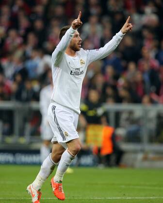 München, Fussball Männer, UEFA Champions League, Saison 2013 2014, Halbfinale Rückspiel, FC Bayern München vs Real Madrid CF 29.04.2014, München Arena München Sergio Ramos, Real Madrid, Aktion, torjubel
