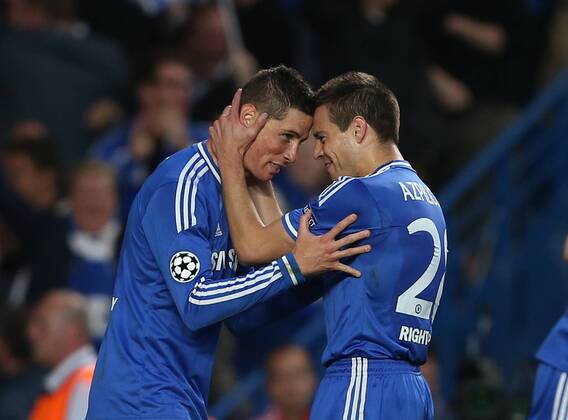 Chelsea s Fernando Torres celebrates scoring his sides opening goal with Cesar Azpilicueta Chelsea vs Atletico Madrid - Champions League, Semi Final, 2nd leg- Stamford Bridge - London - UK - 30 04 2014 - Pic David Klein Sportimage EDITORIAL USE ONLY. No use with unauthorised audio, video, data, fixture lists, club league logos or live services. Online in-match use limited to 120 images, no video emulation. No use in betting, games or single club league player publications.
