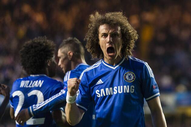 30.04.2014. London, England. Chelsea s David LUIZ celebrates his side s opening goal during the Champions League Semi Final match between Chelsea and Atletico Madrid at Stamford Bridge. xCraigxMercerx  ActionPlus20448038