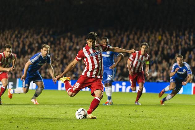 30.04.2014. London, England. Atletico Madrid& x2019;s Diego COSTA scores from the penalty spot to make it 1-2 during the Champions League Semi Final match between Chelsea and Atletico Madrid at Stamford Bridge. xCraigxMercerx  ActionPlus20448623