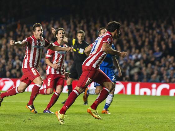 30.04.2014. London, England. Atletico Madrid& x2019;s Diego COSTA celebrates scoring from the penalty spot to make it 1-2 during the Champions League Semi Final match between Chelsea and Atletico Madrid at Stamford Bridge. xCraigxMercerx  ActionPlus20448662