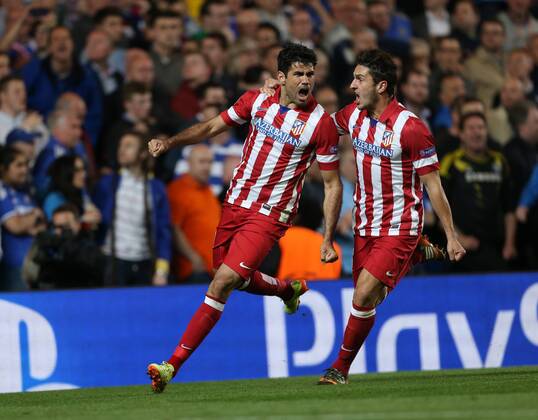 Atletico s Diego Costa celebrates scoring his sides second goal Chelsea vs Atletico Madrid - Champions League, Semi Final, 2nd leg- Stamford Bridge - London - UK - 30 04 2014 - Pic David Klein Sportimage EDITORIAL USE ONLY. No use with unauthorised audio, video, data, fixture lists, club league logos or live services. Online in-match use limited to 120 images, no video emulation. No use in betting, games or single club league player publications.