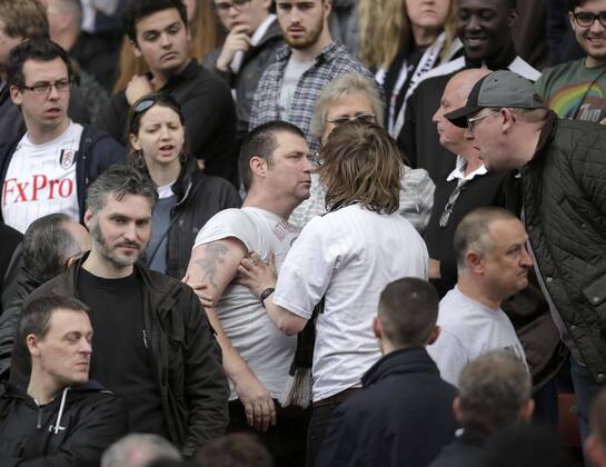 Tempers flare amongst the Fulham support - Football - Barclays Premier League - FC Fulham - Britannia Stadium Stoke - Season 2013 14 - 3 5 2014 - EDITORIAL USE ONLY. No use with unauthorised audio, video, data, fixture lists, club league logos or live services. Online in-match use limited to 120 images, no video emulation. No use in betting, games or single club league player publications.