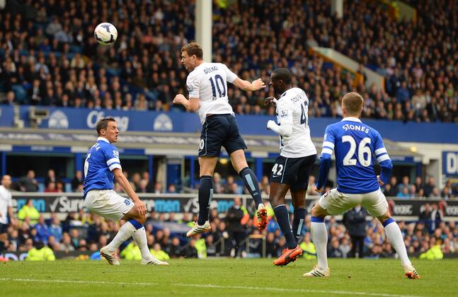 Edin Dzeko of Manchester City scores the second goal with a header - Barclays Premier League - Everton v Manchester City - Goodison Park Stadium - Liverpool - England - 3rd May 2014 - Pic Simon Bellis Sportimage EDITORIAL USE ONLY. No use with unauthorised audio, video, data, fixture lists, club league logos or live services. Online in-match use limited to 120 images, no video emulation. No use in betting, games or single club league player publications.