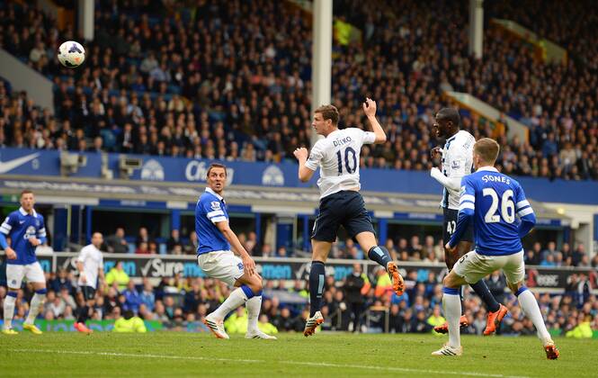 Edin Dzeko of Manchester City scores the second goal with a header - Barclays Premier League - Everton v Manchester City - Goodison Park Stadium - Liverpool - England - 3rd May 2014 - Pic Simon Bellis Sportimage EDITORIAL USE ONLY. No use with unauthorised audio, video, data, fixture lists, club league logos or live services. Online in-match use limited to 120 images, no video emulation. No use in betting, games or single club league player publications.