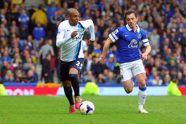 03.05.2014. Liverpool, England. Fernandinho of Manchester City and Leighton Baines of Everton in action during the Barclays Premier League match between Everton and Manchester City at Goodison Park. xPaulxKeevilx  ActionPlus11519871