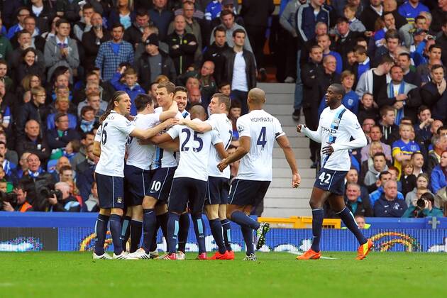 03.05.2014. Liverpool, England. Edin Dzeko of Manchester City celebrates his second goal during the Barclays Premier League match between Everton and Manchester City at Goodison Park. xPaulxKeevilx  ActionPlus11519901