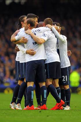 03.05.2014. Liverpool, England. Manchester players celebrate their 2-3 win against Everton during the Barclays Premier League match between Everton and Manchester City at Goodison Park. The win takes them closer to the league title xPaulxKeevilx  ActionPlus11519905
