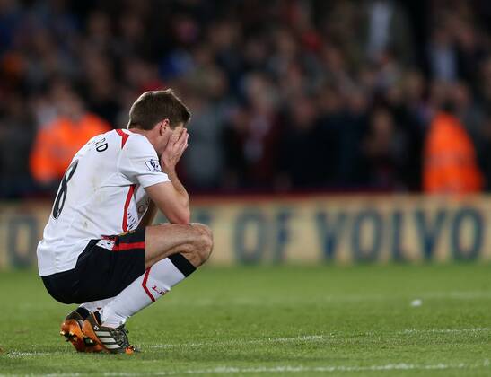 Liverpool s Steven Gerrard looks on dejected at the final whistle Crystal Palace vs FC Liverpool - Barclays Premier League - Selhurst Park - London - UK - 05 05 2014 - EDITORIAL USE ONLY. No use with unauthorised audio, video, data, fixture lists, club league logos or live services. Online in-match use limited to 120 images, no video emulation. No use in betting, games or single club league player publications.