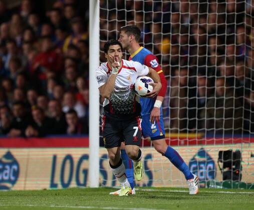 Liverpool s Luis Suarez celebrates scoring his sides third goal Crystal Palace vs FC Liverpool - Barclays Premier League - Selhurst Park - London - UK - 05 05 2014 - EDITORIAL USE ONLY. No use with unauthorised audio, video, data, fixture lists, club league logos or live services. Online in-match use limited to 120 images, no video emulation. No use in betting, games or single club league player publications.