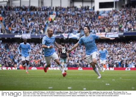 Samir Nasri of Manchester City celebrates his opening goal - Manchester City vs. West Ham United - Barclays Premier League - Etihad Stadium - Manchester - 11 05 2014 EDITORIAL USE ONLY. No use with unauthorised audio, video, data, fixture lists, club league logos or live services. Online in-match use limited to 120 images, no video emulation. No use in betting, games or single club league player publications.