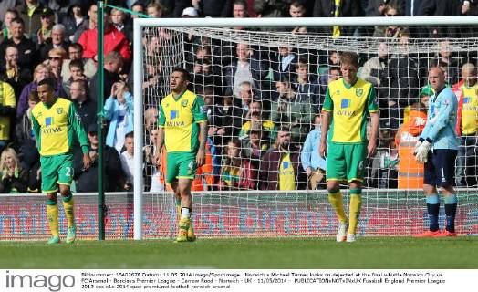 Norwich s Michael Turner looks on dejected at the final whistle Norwich City vs FC Arsenal - Barclays Premier League - Carrow Road - Norwich - UK - 11 05 2014 - EDITORIAL USE ONLY. No use with unauthorised audio, video, data, fixture lists, club league logos or live services. Online in-match use limited to 120 images, no video emulation. No use in betting, games or single club league player publications.
