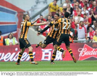 Hull s Curtis Davies celebrates scoring his sides second goal Arsenal vs Hull City- FA Cup Final 2014 - Wembley Stadium - London - UK - 17 05 2014 - Pic David Klein Sportimage EDITORIAL USE ONLY. No use with unauthorised audio, video, data, fixture lists, club league logos or live services. Online in-match use limited to 120 images, no video emulation. No use in betting, games or single club league player publications.