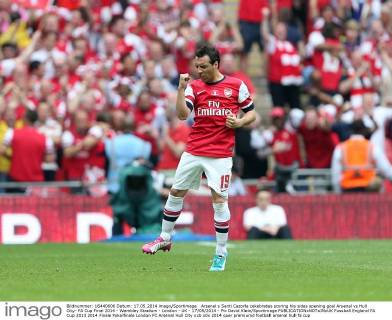 Arsenal s Santi Cazorla cekebrates scoring his sides opening goal Arsenal vs Hull City- FA Cup Final 2014 - Wembley Stadium - London - UK - 17 05 2014 - Pic David Klein Sportimage EDITORIAL USE ONLY. No use with unauthorised audio, video, data, fixture lists, club league logos or live services. Online in-match use limited to 120 images, no video emulation. No use in betting, games or single club league player publications.