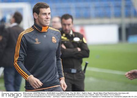 May 20, 2014 - Madrid, Spain - Gareth Bale of Real Madrid during interviews with media after a training session for Champions League Final at Valdebebas training ground in Madrid, Spain Real Madrid Training Session  - ZUMAg15