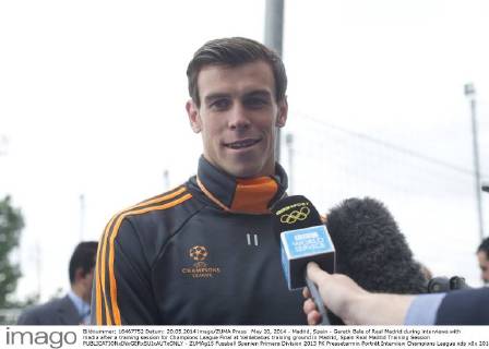 May 20, 2014 - Madrid, Spain - Gareth Bale of Real Madrid during interviews with media after a training session for Champions League Final at Valdebebas training ground in Madrid, Spain Real Madrid Training Session  - ZUMAg15