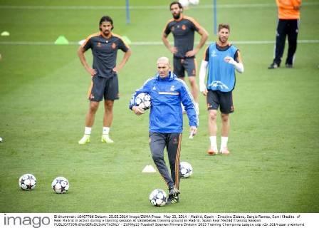 May 20, 2014 - Madrid, Spain - Zinedine Zidane, Sergio Ramos, Sami Khedira of Real Madrid in action during a training session at Valdebebas training ground in Madrid, Spain Real Madrid Training Session  - ZUMAg15