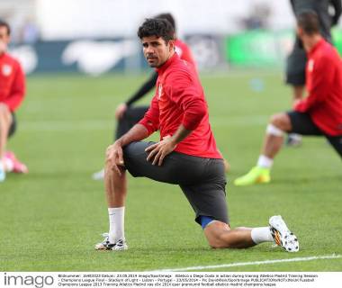 Atletico s Diego Costa in action during training Atletico Madrid Training Session - Champions League Final - Stadium of Light - Lisbon - Portugal - 23 05 2014 - Pic DavidKlein Sportimage EDITORIAL USE ONLY. No use with unauthorised audio, video, data, fixture lists, club league logos or live services. Online in-match use limited to 120 images, no video emulation. No use in betting, games or single club league player publications.