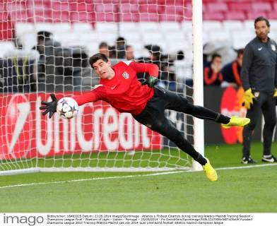 Atletico s Thibaut Courtois during training Atletico Madrid Training Session - Champions League Final - Stadium of Light - Lisbon - Portugal - 23 05 2014 - Pic DavidKlein Sportimage EDITORIAL USE ONLY. No use with unauthorised audio, video, data, fixture lists, club league logos or live services. Online in-match use limited to 120 images, no video emulation. No use in betting, games or single club league player publications.