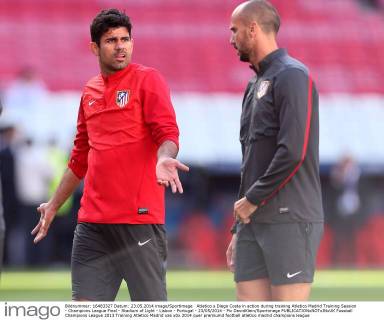 Atletico s Diego Costa in action during training Atletico Madrid Training Session - Champions League Final - Stadium of Light - Lisbon - Portugal - 23 05 2014 - Pic DavidKlein Sportimage EDITORIAL USE ONLY. No use with unauthorised audio, video, data, fixture lists, club league logos or live services. Online in-match use limited to 120 images, no video emulation. No use in betting, games or single club league player publications.