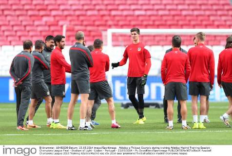 Atletico s Thibaut Courtois during training Atletico Madrid Training Session - Champions League Final - Stadium of Light - Lisbon - Portugal - 23 05 2014 - Pic DavidKlein Sportimage EDITORIAL USE ONLY. No use with unauthorised audio, video, data, fixture lists, club league logos or live services. Online in-match use limited to 120 images, no video emulation. No use in betting, games or single club league player publications.