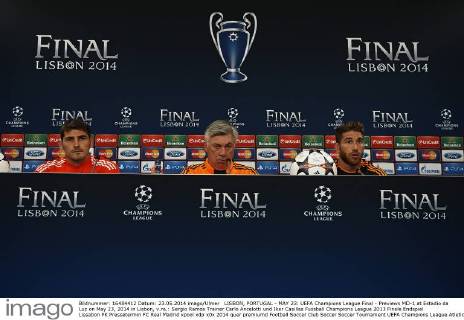 LISBON, PORTUGAL - MAY 23: UEFA Champions League Final - Previews MD-1 at Estadio da Luz on May 23, 2014 in Lisbon, v.re.: Sergio Ramos Trainer Carlo Ancelotti und Iker Casillas