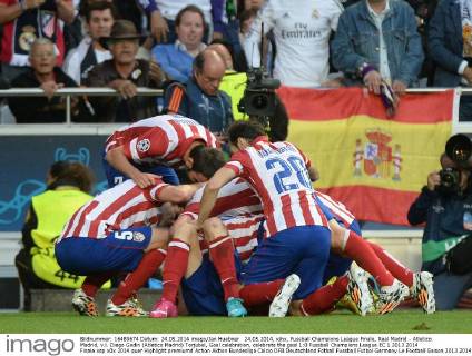 24.05.2014, xjhx, Fussball Champions League Finale, Real Madrid - Atletico Madrid, v.l. Diego Godin (Atletico Madrid) Torjubel, Goal celebration, celebrate the goal 1:0
