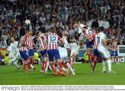 24.05.2014, xjhx, Fussball Champions League Finale, Real Madrid - Atletico Madrid, v.l. Sergio Ramos (Real Madrid) Goal scored, Tor zum 1:1 Tiago (Atletico Madrid)
