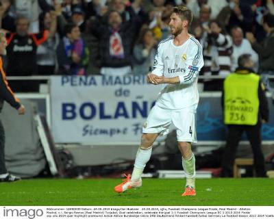 24.05.2014, xjhx, Fussball Champions League Finale, Real Madrid - Atletico Madrid, v.l. Sergio Ramos (Real Madrid) Torjubel, Goal celebration, celebrate the goal 1:1