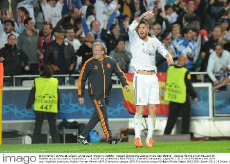 Fußball Champions League Finale Real Madrid - Atletico Madrid am 24.05.2014 im Estadio da Luz in Lissabon Torjubel zum 1:1 durch Sergio Ramos ( Real Madrid )