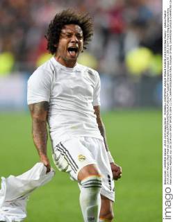 FUSSBALL CHAMPIONS LEAGUE FINALE SAISON 2013 2014 Real Madrid - Atletico Madrid 24.05.2014 Marcelo (Real Madrid) jubelt 