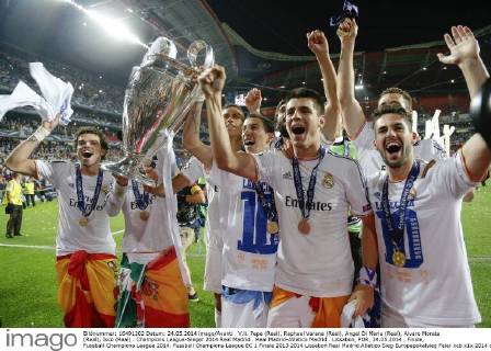 V.li. Pepe (Real), Raphael Varane (Real), Angel Di Maria (Real), Alvaro Morata (Real), Isco (Real) . Champions League-Sieger 2014 Real Madrid . Real Madrid-Atletico Madrid . Lissabon, POR, 24.05.2014 , Finale, Fussball-Champions League 2014.