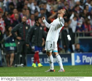 Real Madrids Cristiano Ronaldo celebrates at the final whistle Real Madrid vs Atletico Madrid - Champions League Final - Stadium of Light - Lisbon - Portugal - 24 05 2014 - Pic David Klein Sportimage EDITORIAL USE ONLY. No use with unauthorised audio, video, data, fixture lists, club league logos or live services. Online in-match use limited to 120 images, no video emulation. No use in betting, games or single club league player publications.