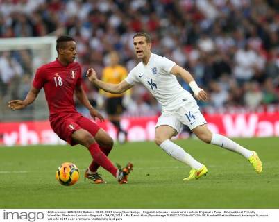 England s Jordan Henderson in action England v Peru - International Friendly - Wembley Stadium- London - England - 30 05 2014 - Pic David Klein Sportimage EDITORIAL USE ONLY. No use with unauthorised audio, video, data, fixture lists, club league logos or live services. Online in-match use limited to 120 images, no video emulation. No use in betting, games or single club league player publications.