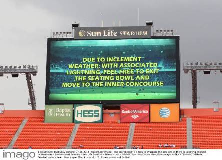 The scoreboard tells fans to evacuate the stadium as there is lightning England vs Honduras - International Friendly - Sun Life Stadium - Miami - USA - 07 06 2014 - Pic DavidxKlein Sportimage EDITORIAL USE ONLY. No use with unauthorised audio, video, data, fixture lists, club league logos or live services. Online in-match use limited to 120 images, no video emulation. No use in betting, games or single club league player publications.