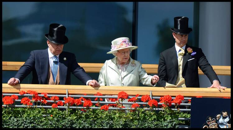 Image ©Licensed to i-Images Picture Agency. 18 06 2014. Ascot, United Kingdom. HM The Queen with Prince Andrew and Prince Edward watch the race horse s in the parade ring for 3rd race The Prince of wales Stakes on Day 2 of Royal Ascot at Ascot Racecourse. Picture by Andrew Parsons i-Images AndrewxParsonsx xi-Images IIM-2483-0031