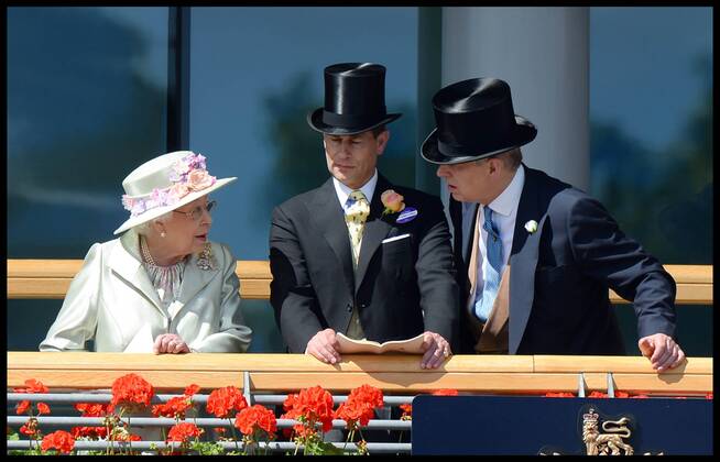Image ©Licensed to i-Images Picture Agency. 18 06 2014. Ascot, United Kingdom. HM The Queen with Prince Andrew and Prince Edward watch the race horse s in the parade ring for 3rd race The Prince of wales Stakes on Day 2 of Royal Ascot at Ascot Racecourse. Picture by Andrew Parsons i-Images AndrewxParsonsx xi-Images IIM-2483-0033