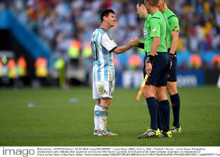 Lionel Messi (ARG), JULY 1, 2014 - Football Soccer : Lionel Messi of Argentina shakes hands with referees after Argentina winning the FIFA World Cup Brazil 2014 Round of 16 match between Argentina 1-0 Switzerland at Arena de Sao Paulo in Sao Paulo, Brazil. Noxthirdxpartyxsales (uzdb006947)
