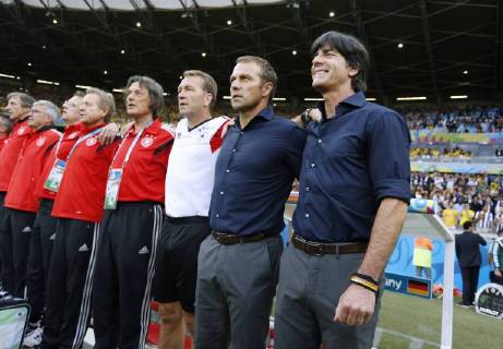 LÖW Joachim Bundestrainer Team Deutschland mit Co Trainer Hansi Flick und Torwart Trainer Andreas KÖPKE mit MUELLER WOHLFAHRT FIFA Fussball Weltmeisterschaften 2014 in Brasilien Halbfinale Brasilien-Deutschland 1 : 7 am 08.Juli 2014 in Belo Horizonte 