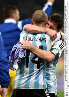 Lionel Messi (ARG), JULY 9, 2014 - Football Soccer : Lionel Messi (L) and Javier Mascherano of Argentina celebrate after winning the FIFA World Cup 2014 semi-finals match between Netherlands and Argentina at Arena de Sao Paulo in Sao Paulo Brazil. Noxthirdxpartyxsales (uzdb007099)