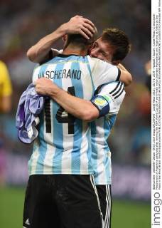 Lionel Messi (ARG), JULY 9, 2014 - Football Soccer : Lionel Messi (L) and Javier Mascherano of Argentina celebrate after winning the FIFA World Cup 2014 semi-finals match between Netherlands and Argentina at Arena de Sao Paulo in Sao Paulo Brazil. Noxthirdxpartyxsales (uzdb007100)
