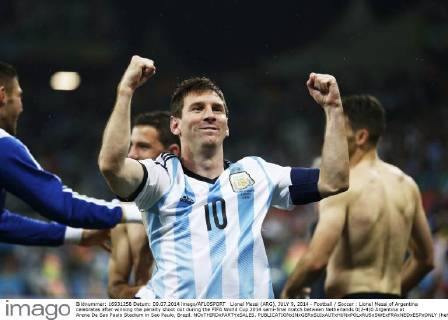 Lionel Messi (ARG), JULY 9, 2014 - Football Soccer : Lionel Messi of Argentina celebrates after winning the penalty shoot out during the FIFA World Cup 2014 semi-final match between Netherlands 0(2-4)0 Argentina at Arena De Sao Paulo Stadium in Sao Paulo, Brazil. NOxTHIRDxPARTYxSALES. (heha013584)