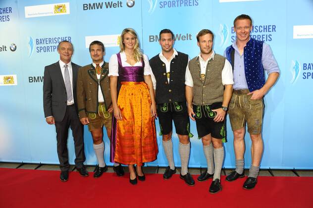 Norbert Loch, Georg Hackl, Natalie Geisenberger, Tobias Arlt, Tobias Wendl und Felix Loch Bayerische Sportpreis 2014 BMW-Welt München 19. Juli 2014