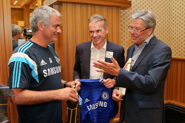 SOCCER - Chelsea, training camp VELDEN,AUSTRIA,22.JUL.14 - SOCCER - Premier League, Chelsea FC, training camp, press conference. Image shows head coach Jose Mourinho (Chelsea), mayor Ferdinand Vouk (Velden) and governor Peter Kaiser (Kärnten). 