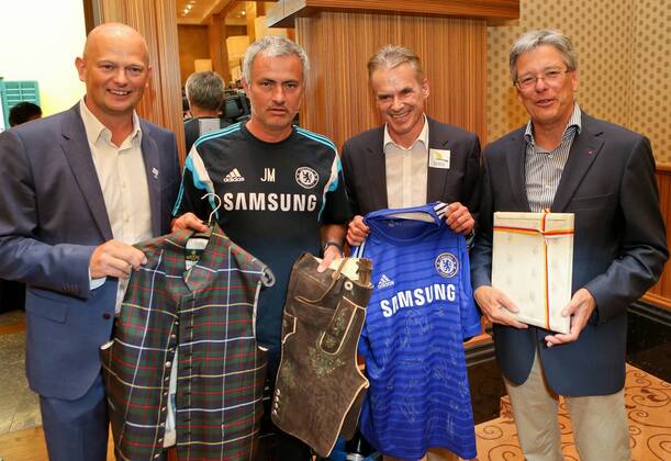 SOCCER - Chelsea, training camp VELDEN,AUSTRIA,22.JUL.14 - SOCCER - Premier League, Chelsea FC, training camp, press conference. Image shows Christian Kresse (Kärnten Werbung), head coach Jose Mourinho (Chelsea), mayor Ferdinand Vouk (Velden) and governor Peter Kaiser (Kärnten). 