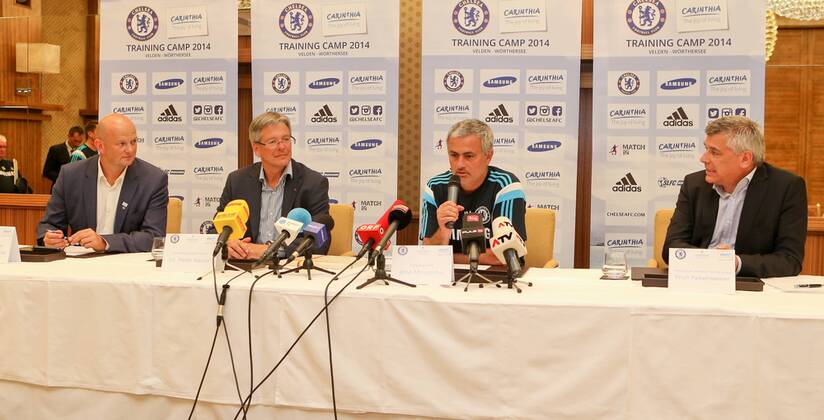 SOCCER - Chelsea, training camp VELDEN,AUSTRIA,22.JUL.14 - SOCCER - Premier League, Chelsea FC, training camp, press conference. Image shows Christian Kresse (Kärnten Werbung), governor Peter Kaiser (Kärnten), head coach Jose Mourinho (Chelsea) and Erich Falkensteiner (Falkensteiner Michaeler Tourism Group). 